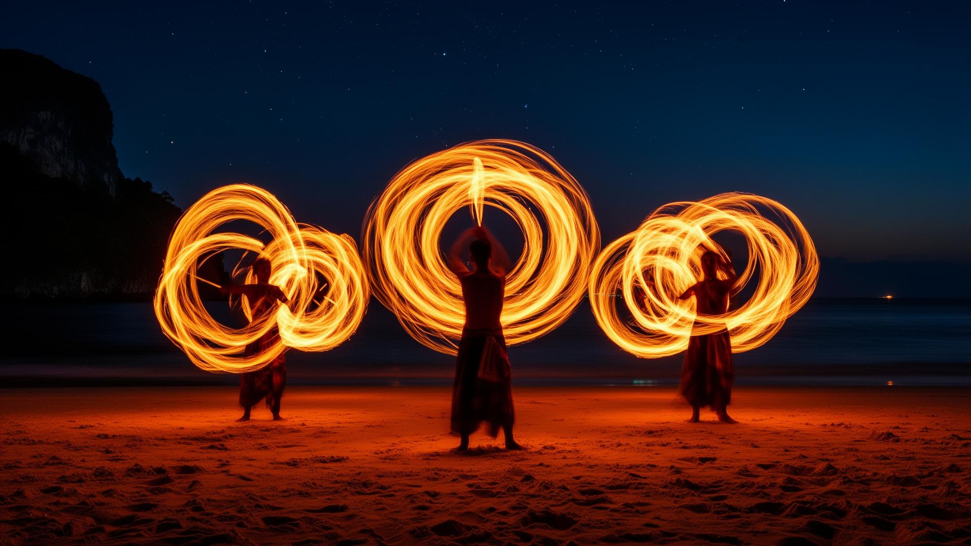 Phoenix Fire Team performing fire spinning on the beach at night in Ao Nang, Krabi